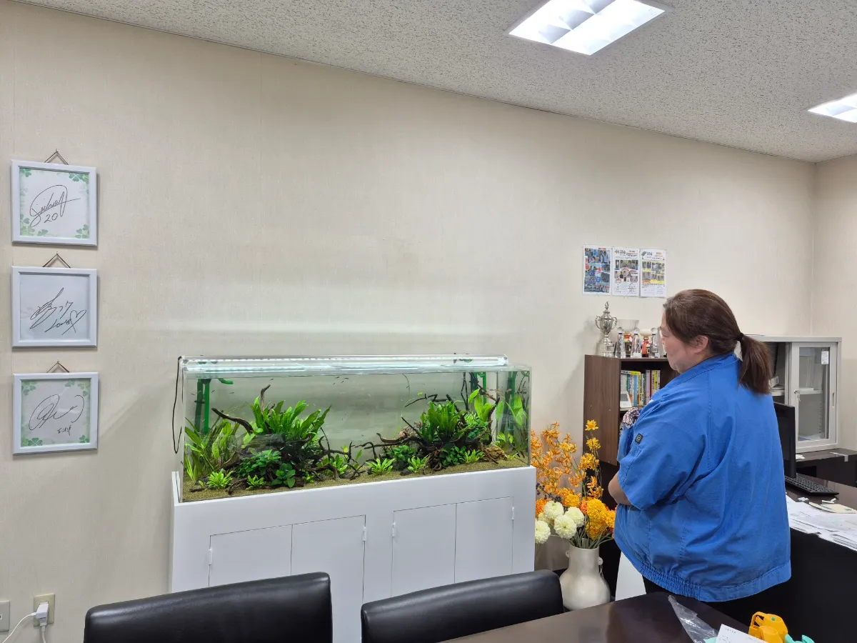 会議室の壁ぎわに置いた150cm熱帯魚水槽と室内の様子