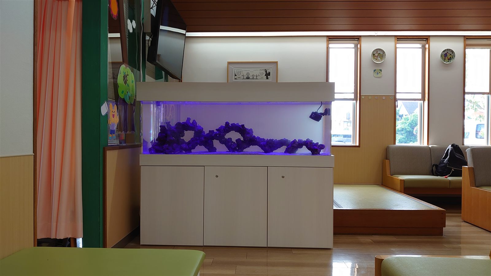 畳のキッズスペースの前に設置した150cm海水魚水槽